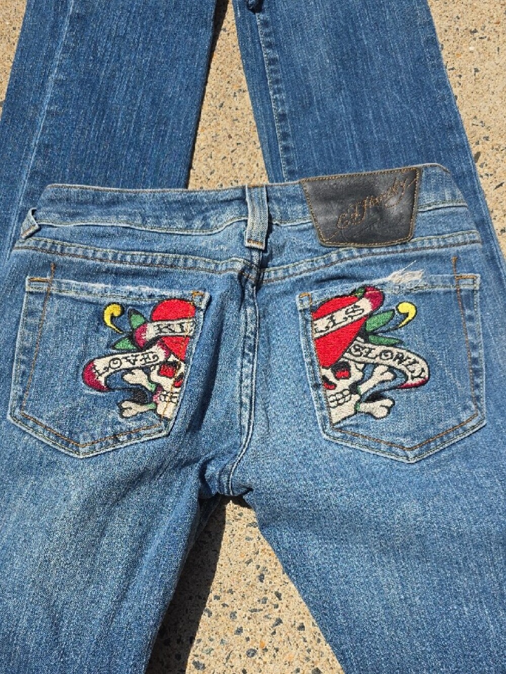 Ed Hardy Denim Jeans with Embroidered Skull & Hearts Pockets